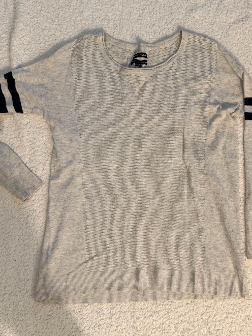 Light Grey Knit with Navy Sleeve Stripes